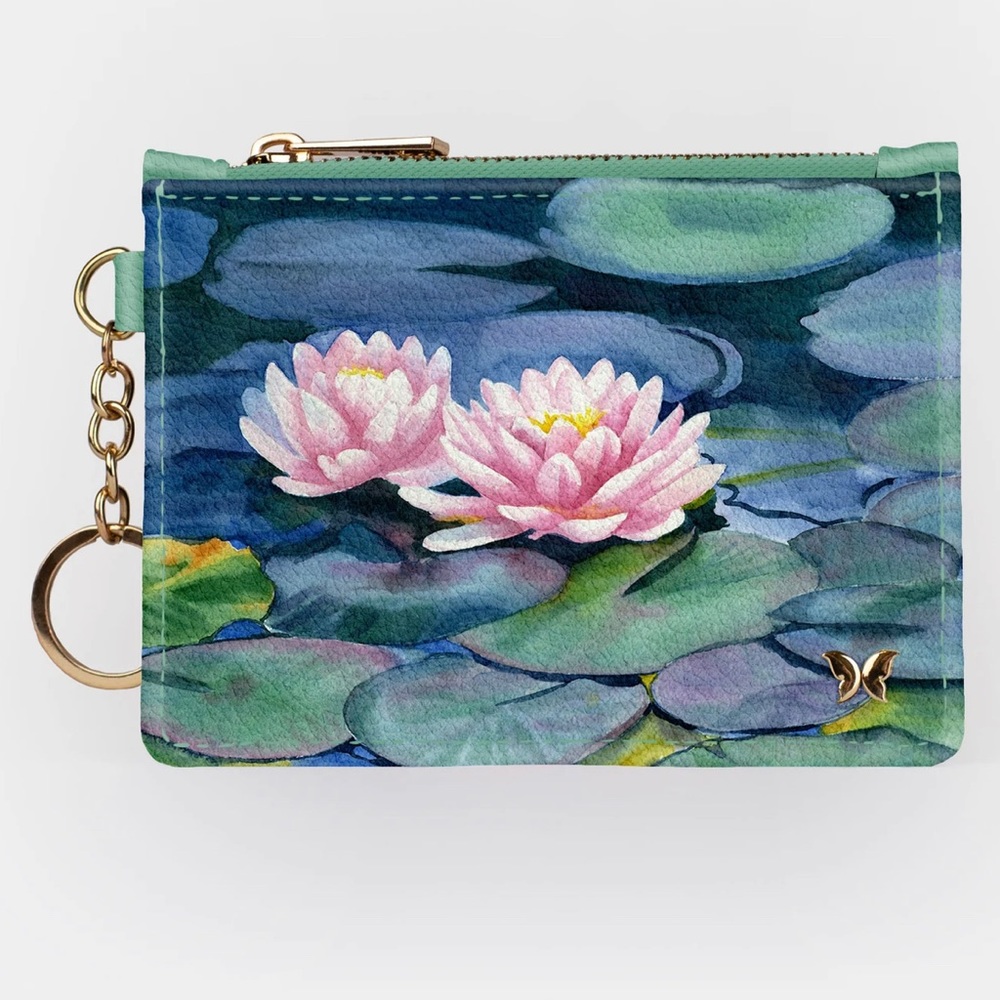 Monarque RFID Pink Water Lily Card Case Key Chain Vegan NEW